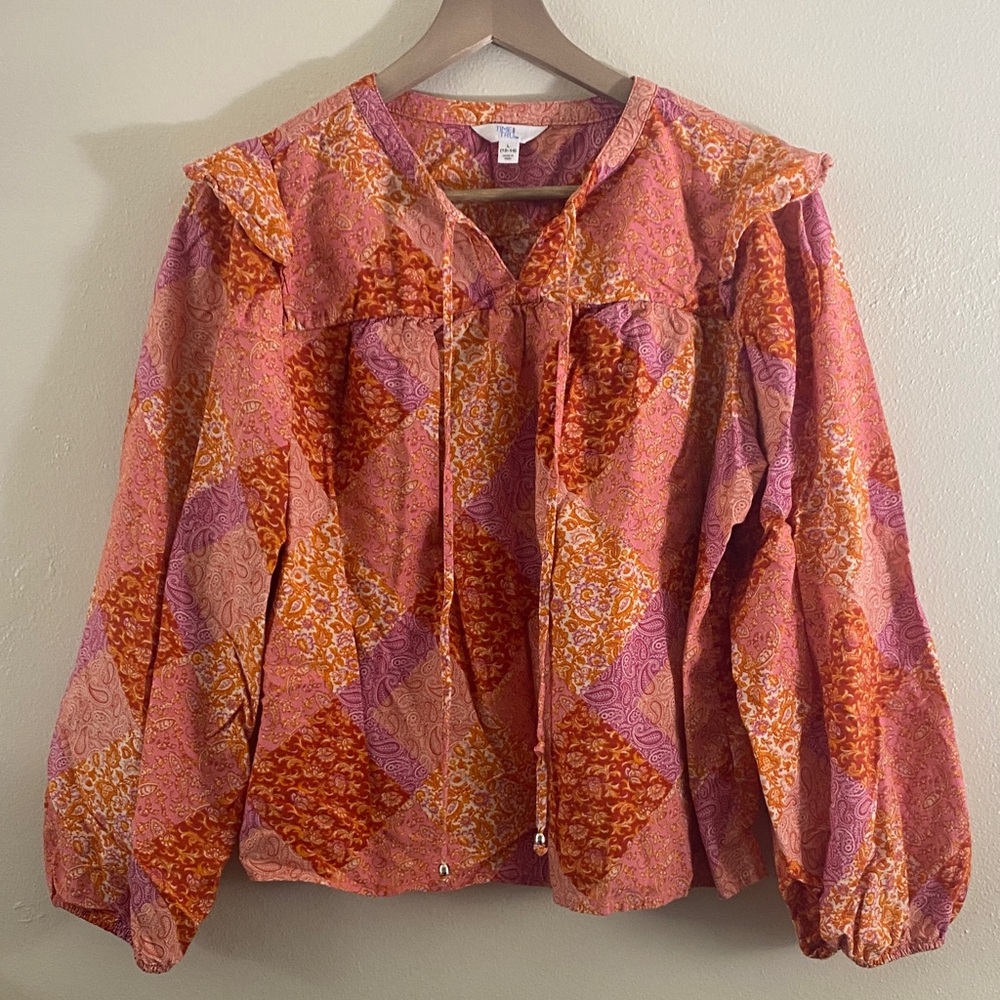 Time and Tru Pink and Orange Patchwork Peasant Blouse